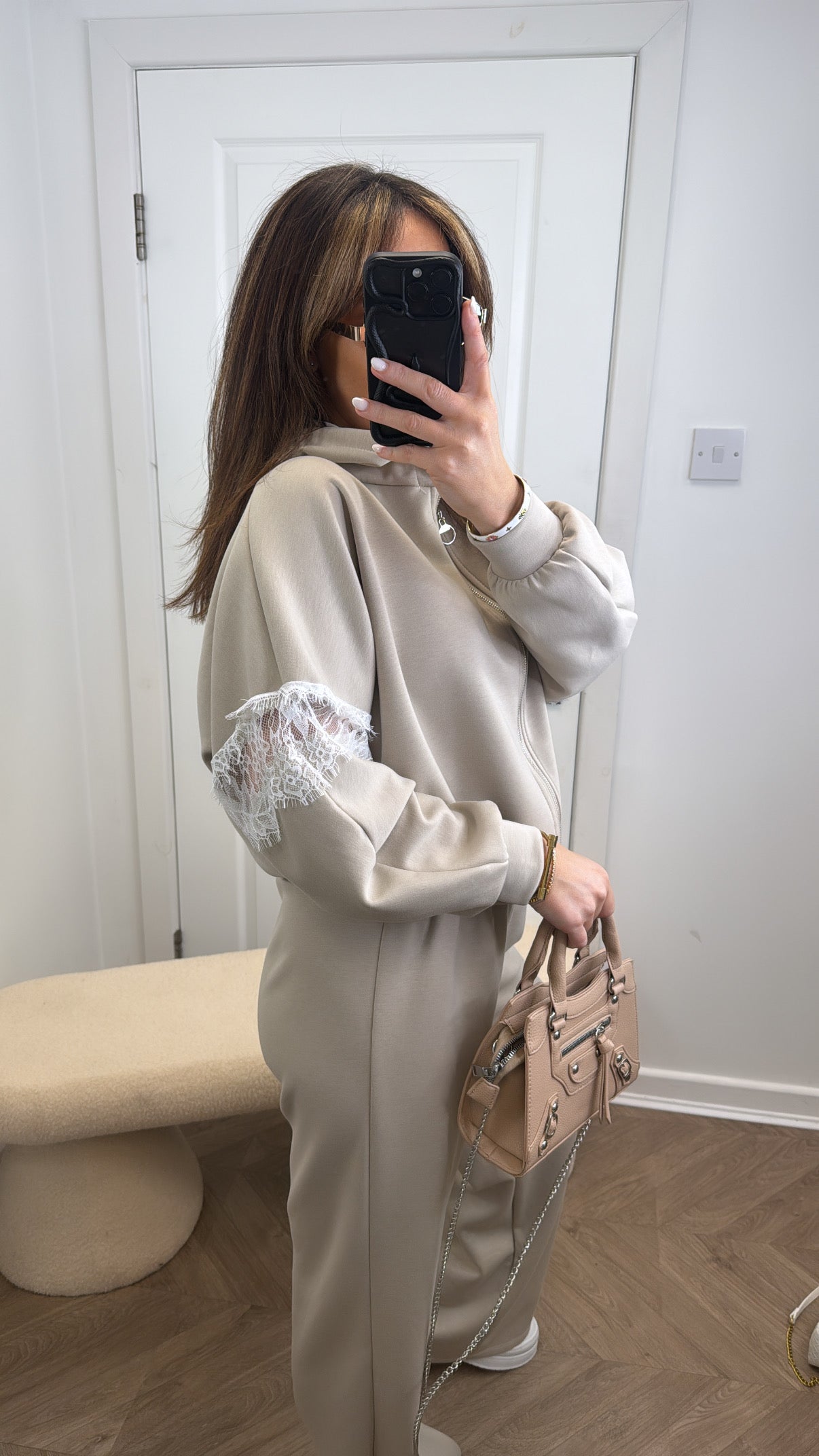 DELILAH beige lace detail tracksuit