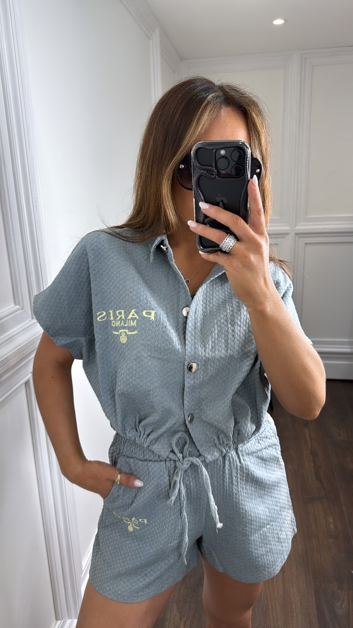 PARIS MILANO washed denim textured shorts co-ord