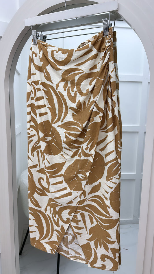 MELANI beige leaf print midi skirt