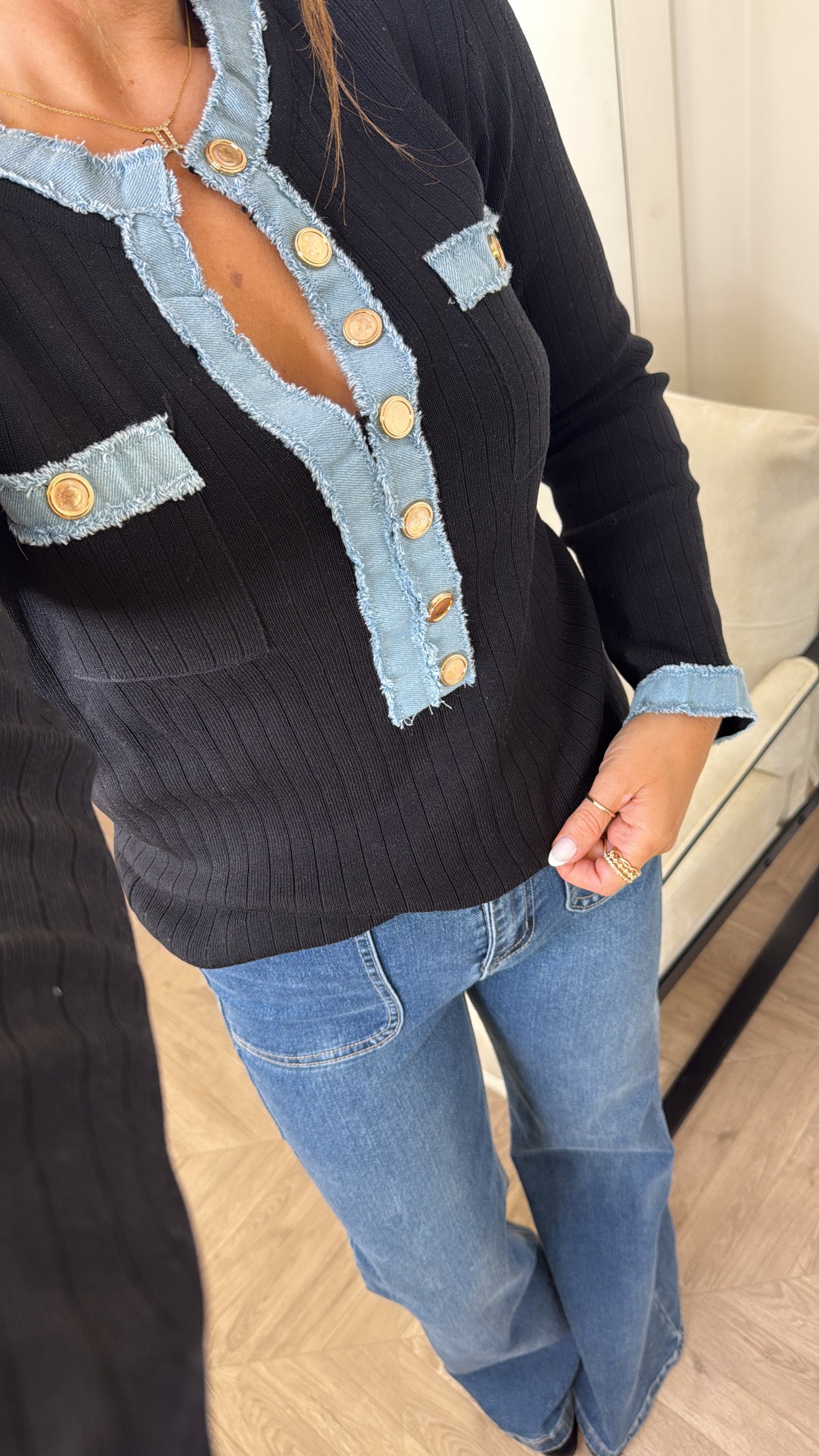 HARLEY black fitted top with denim contrast and gold buttons