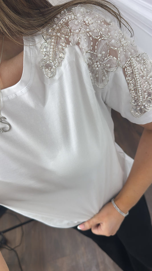 ALESSIA white embellished detail t-shirt