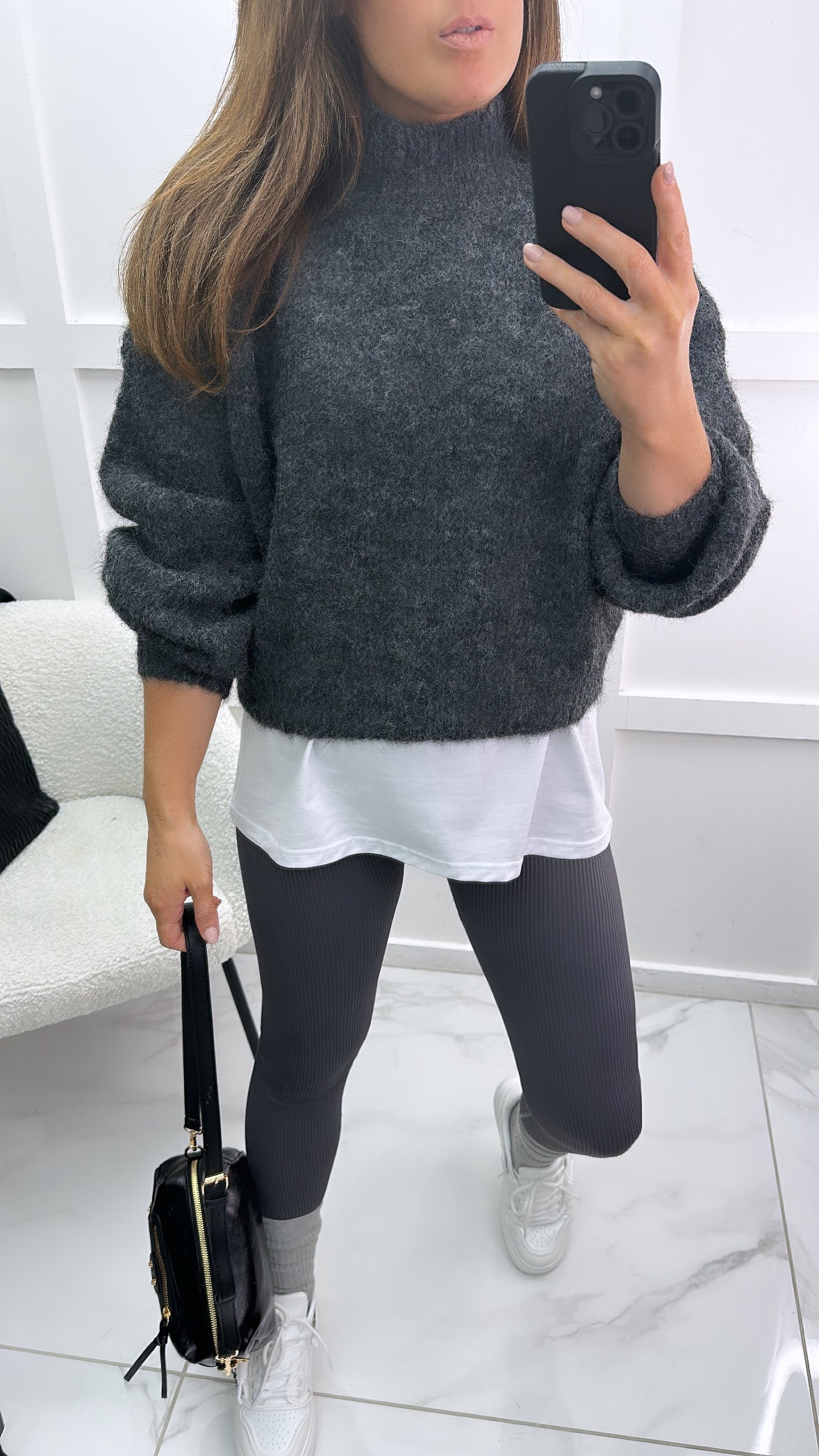 MYA charcoal fluffy high knit jumper