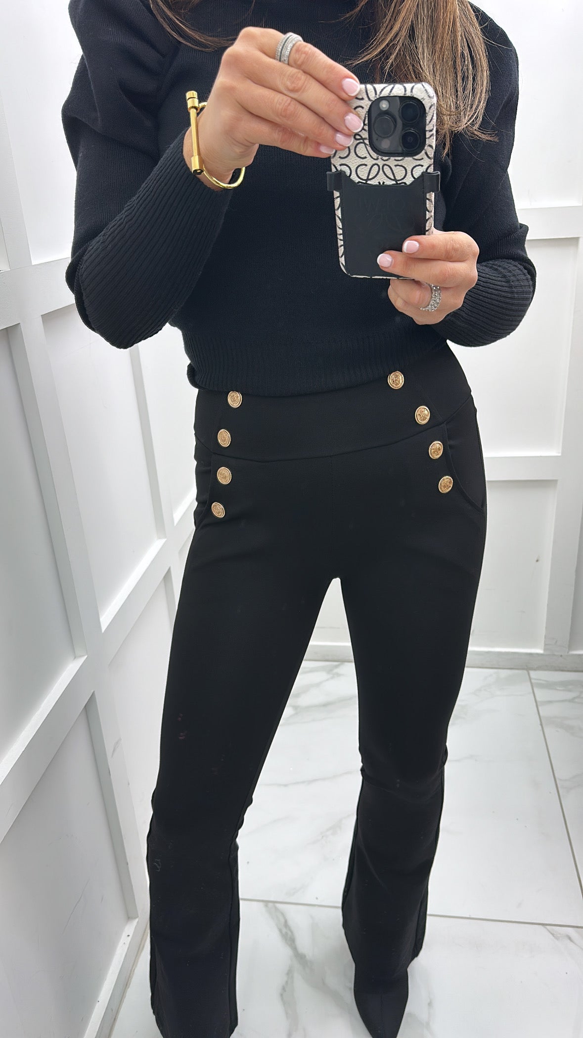 SHANNON black gold button flared pants