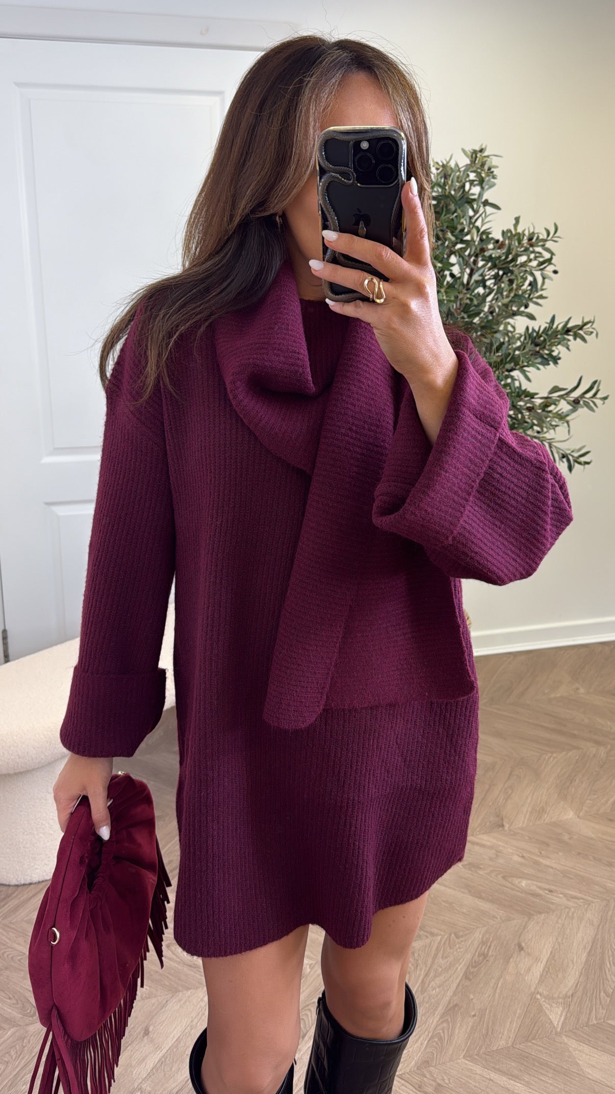 LOTTIE burgundy scarf detail chunky jumper dress