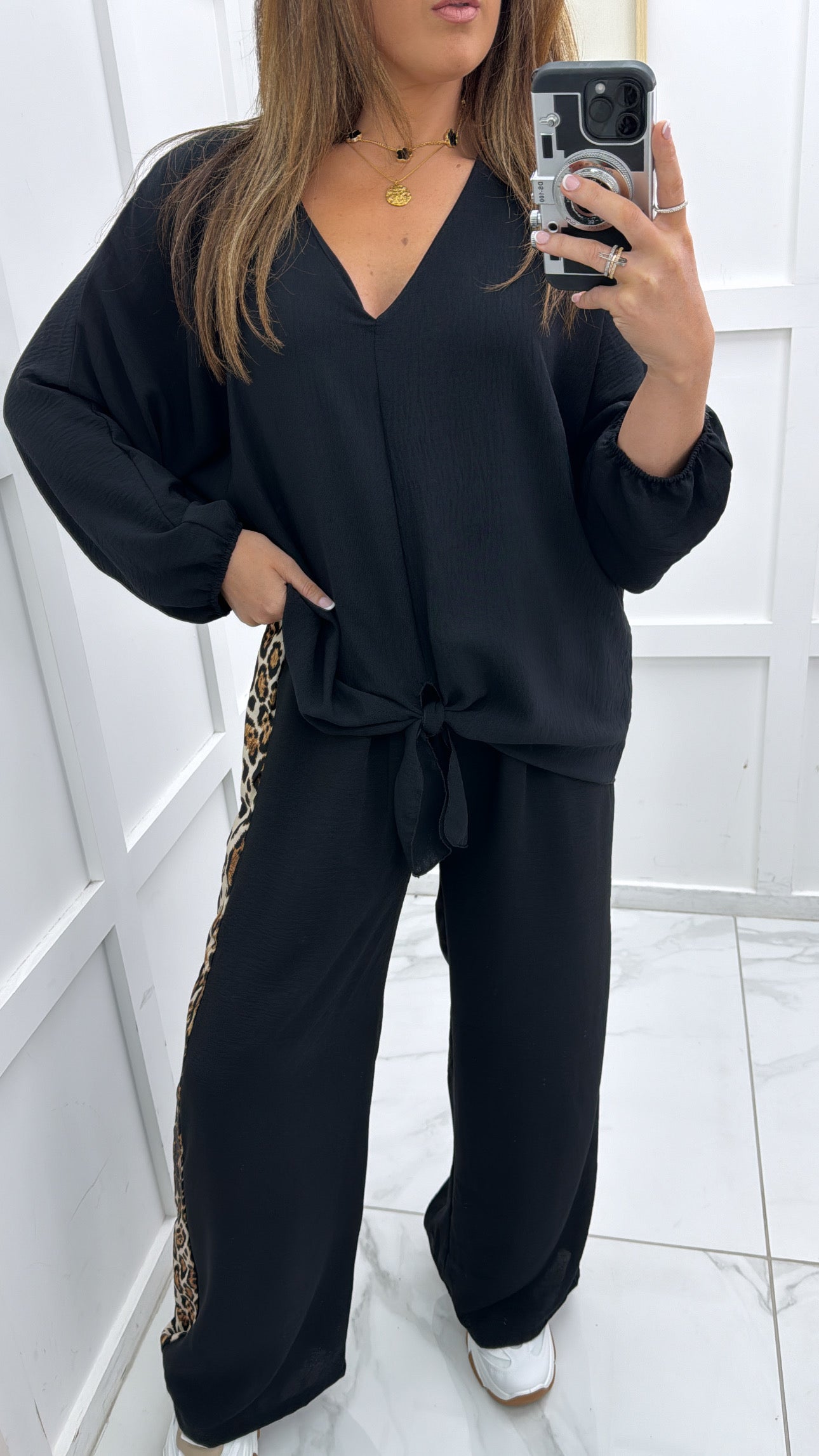 ELLE black trouser co-ord with leopard contrast