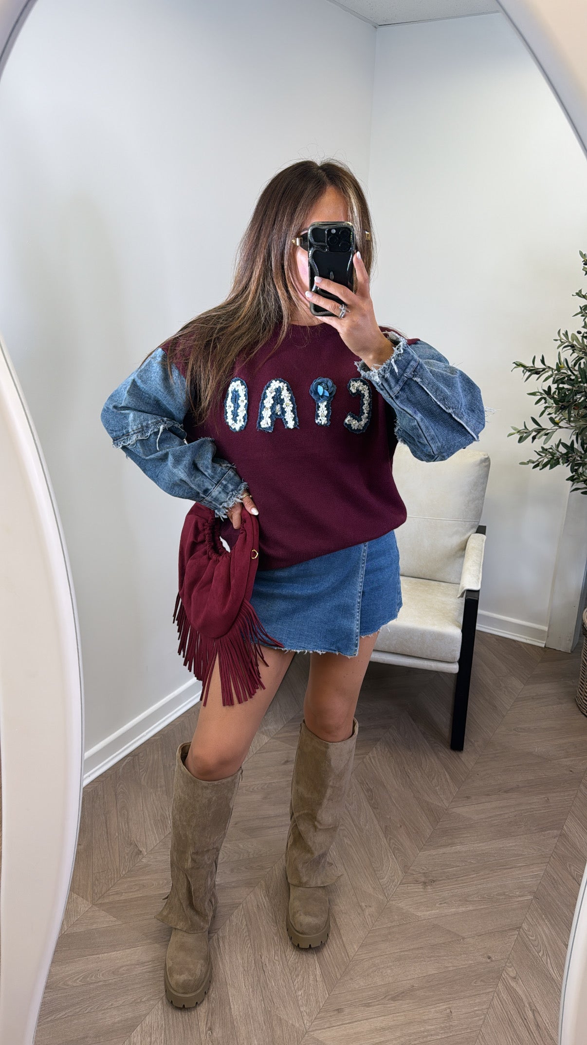 CIAO burgundy denim contrast logo jumper