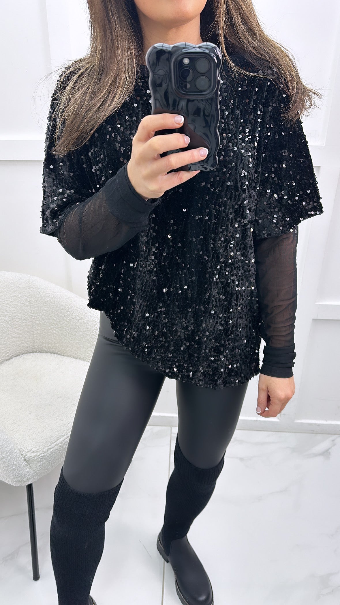 KARA black sequin top with mesh sleeves