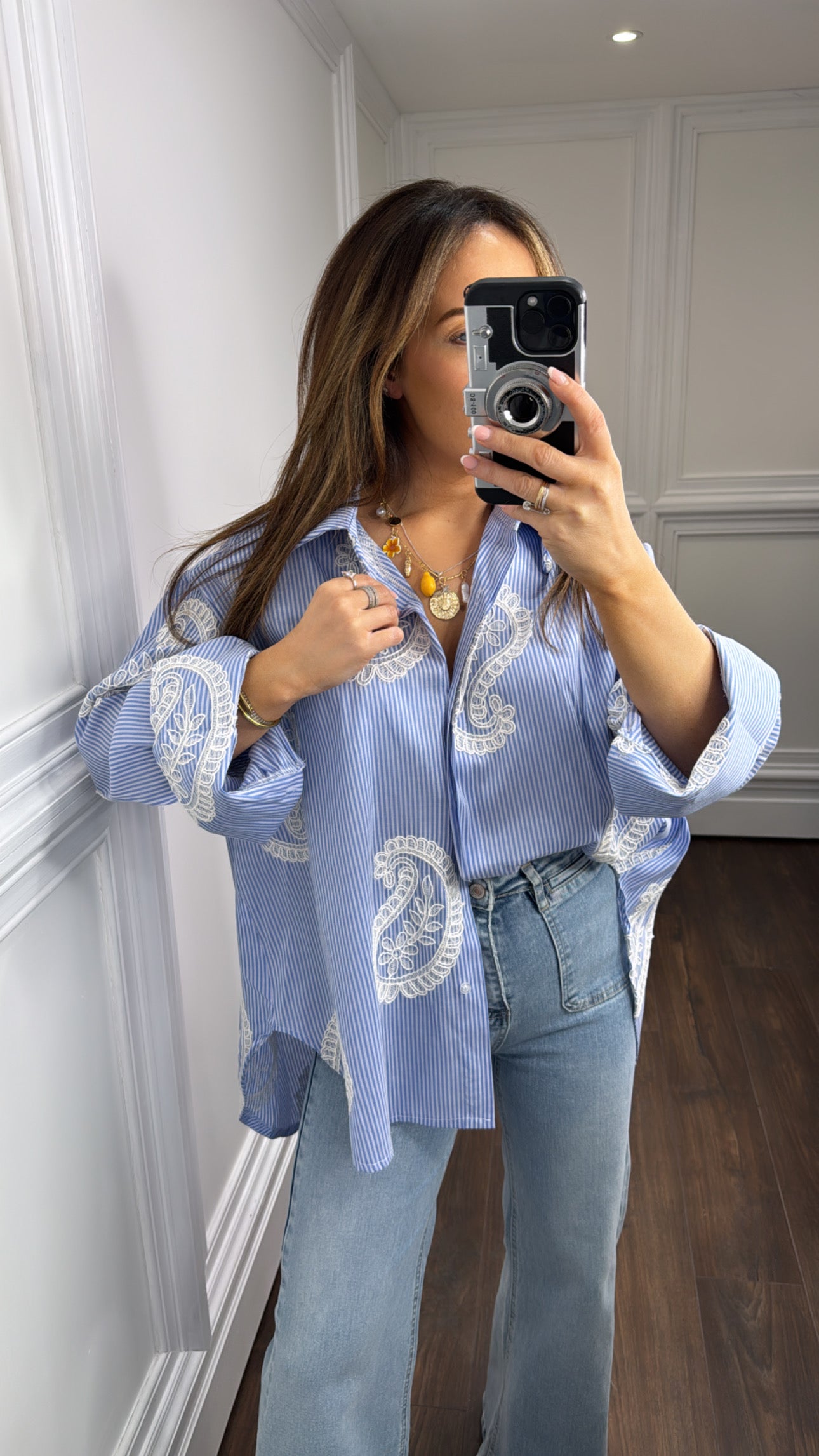 LOLA blue stripe stitched paisley print shirt