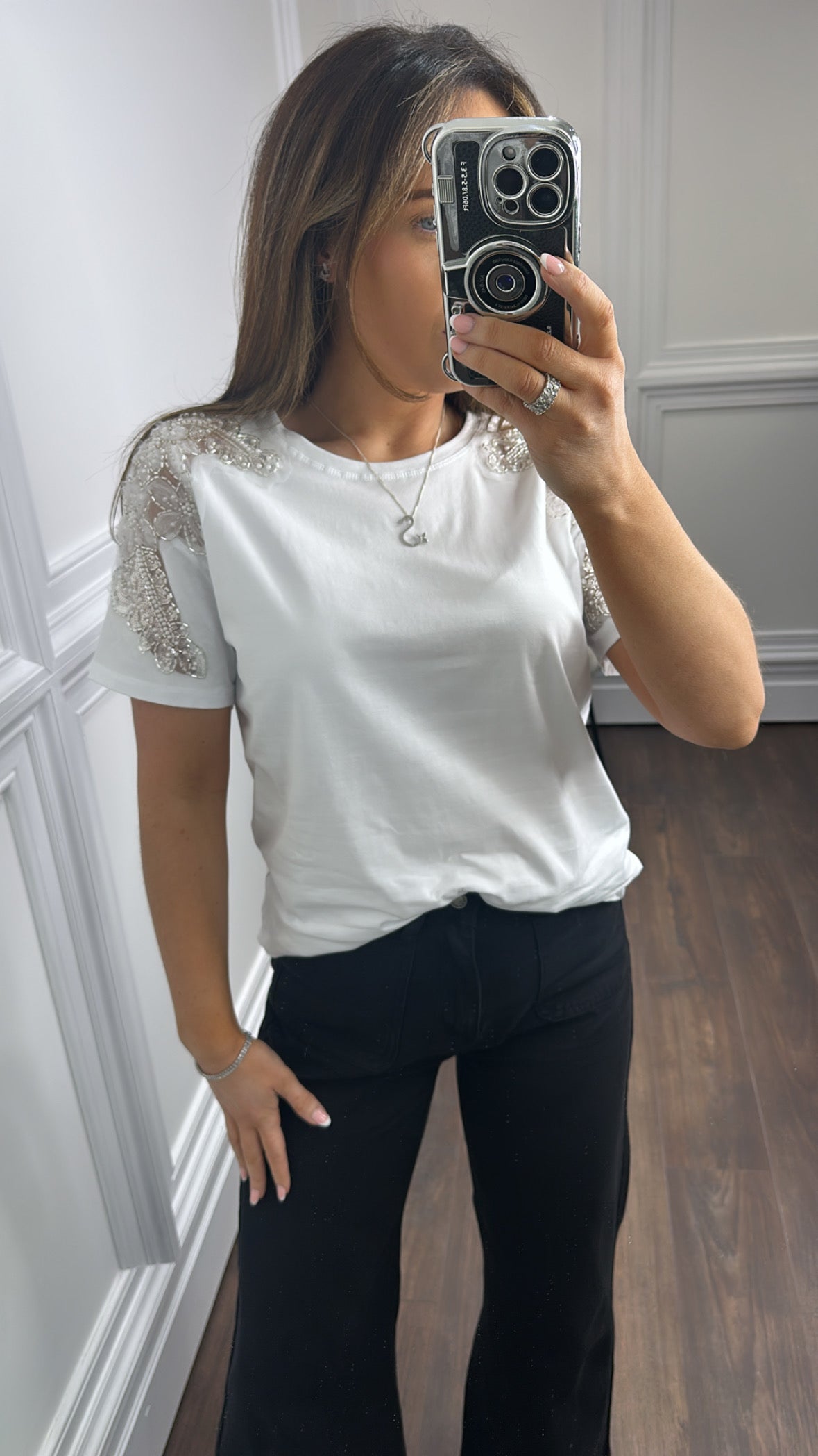 ALESSIA white embellished detail t-shirt