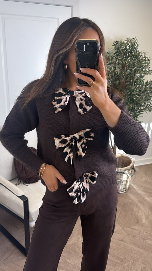ARIA brown textured cardigan with leopard bow detail