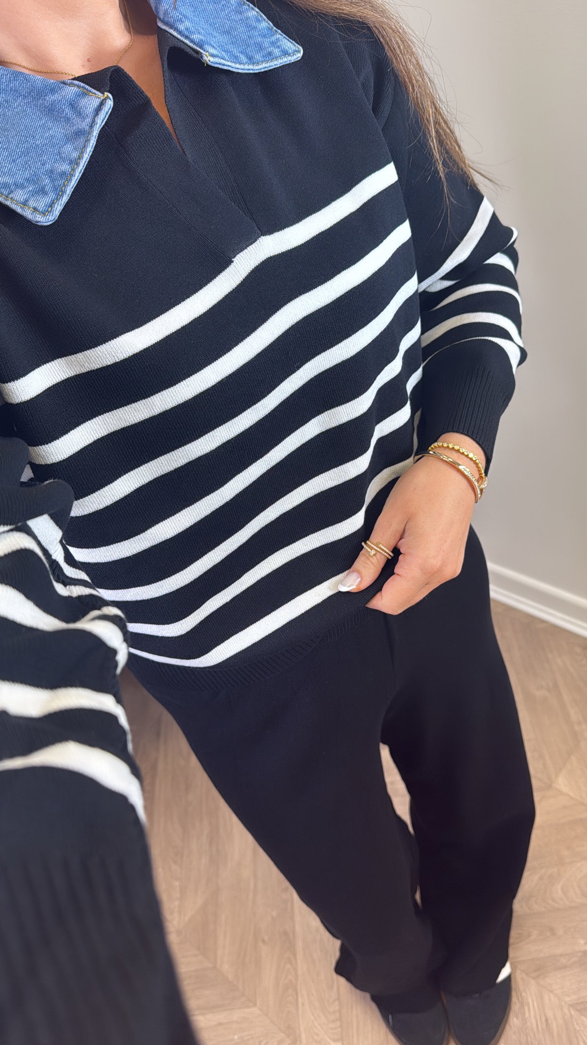 JODIE black striped denim contrast knitted lounge set