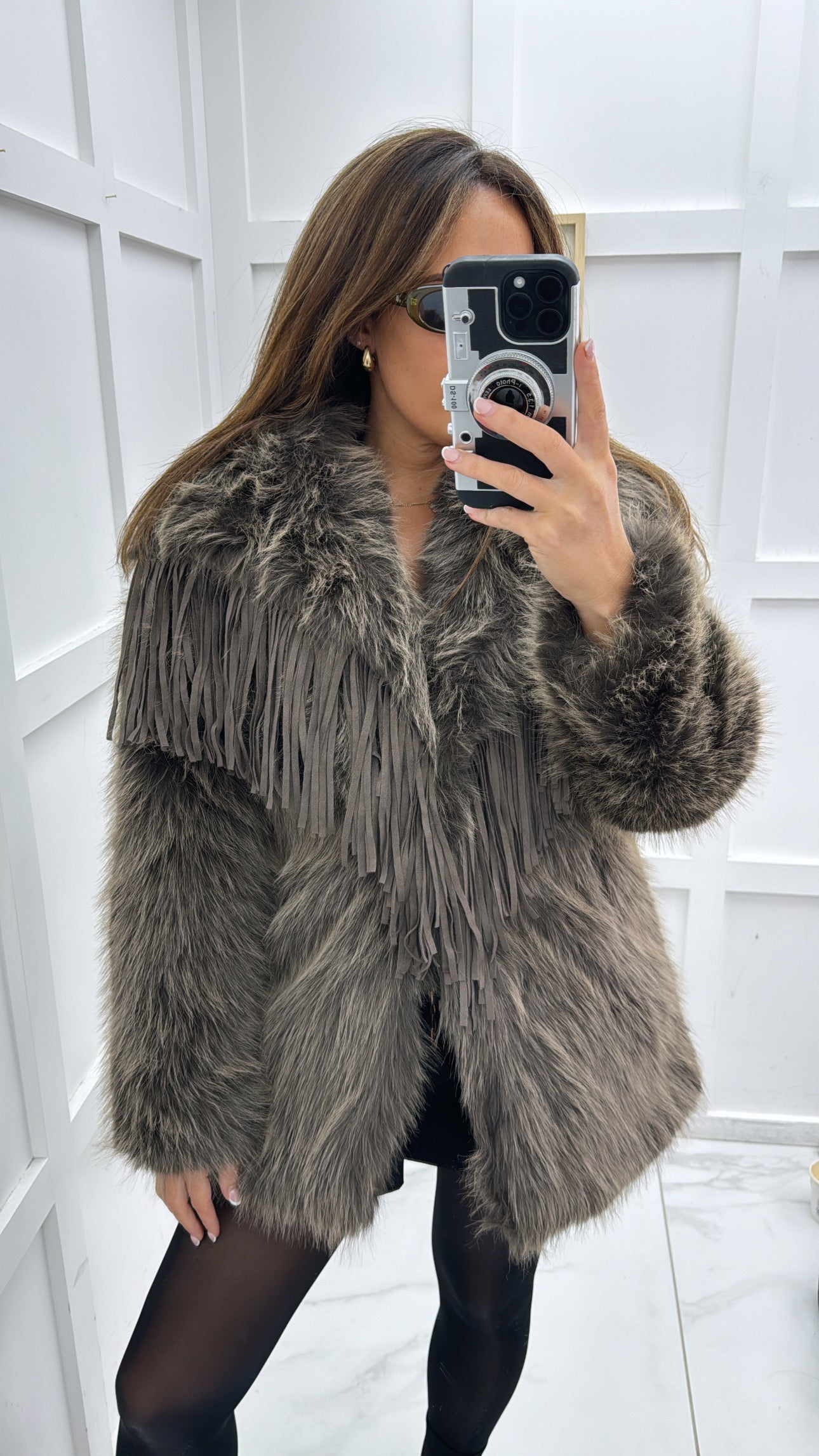 JAMELIA brown fur coat with tassels