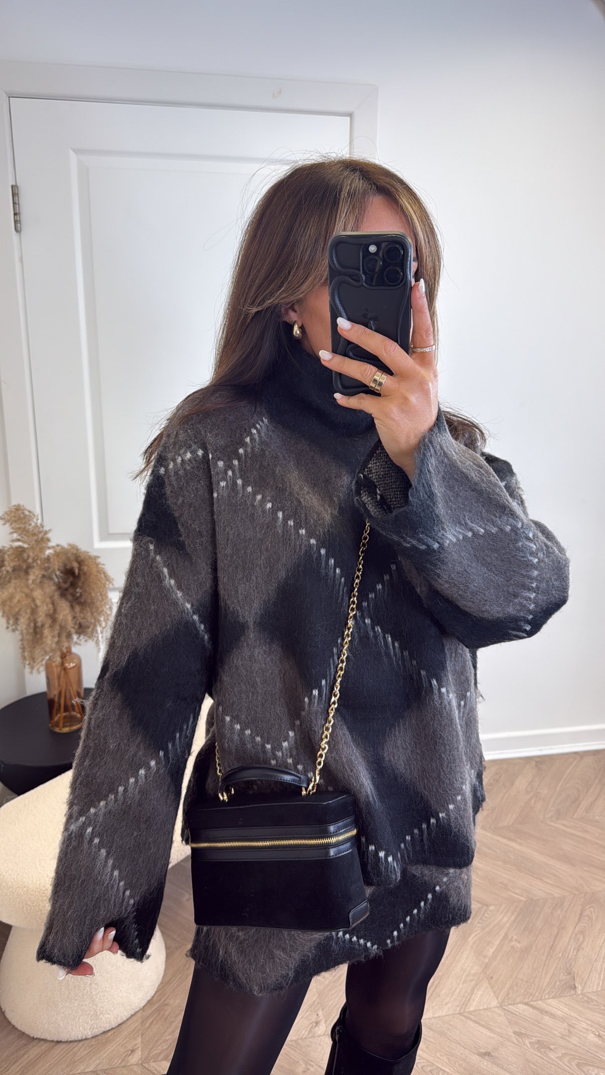 ELSIE black and grey argyle check soft knit jumper