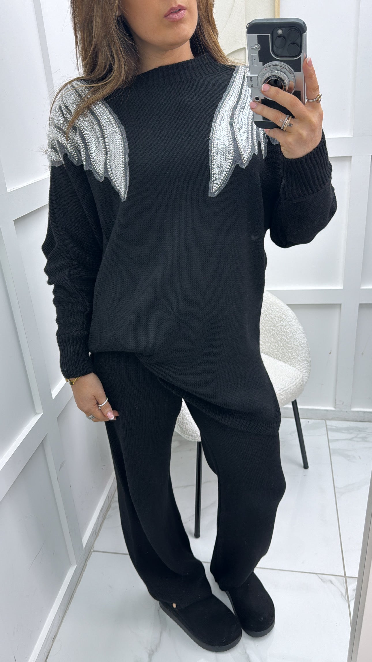 OLIVIA black chunky knit embellished lounge set