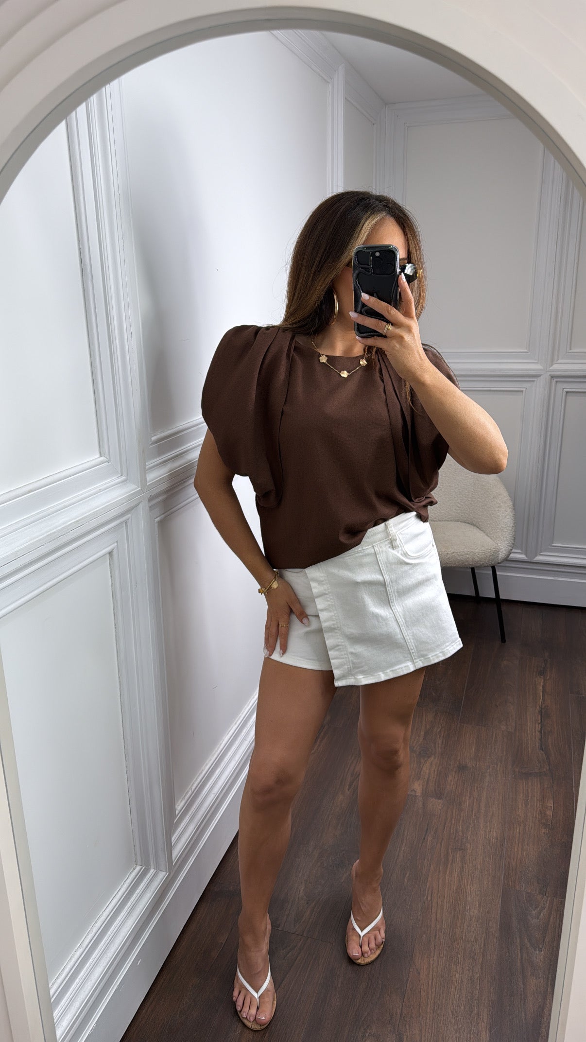 IVY brown linen look drape detail top