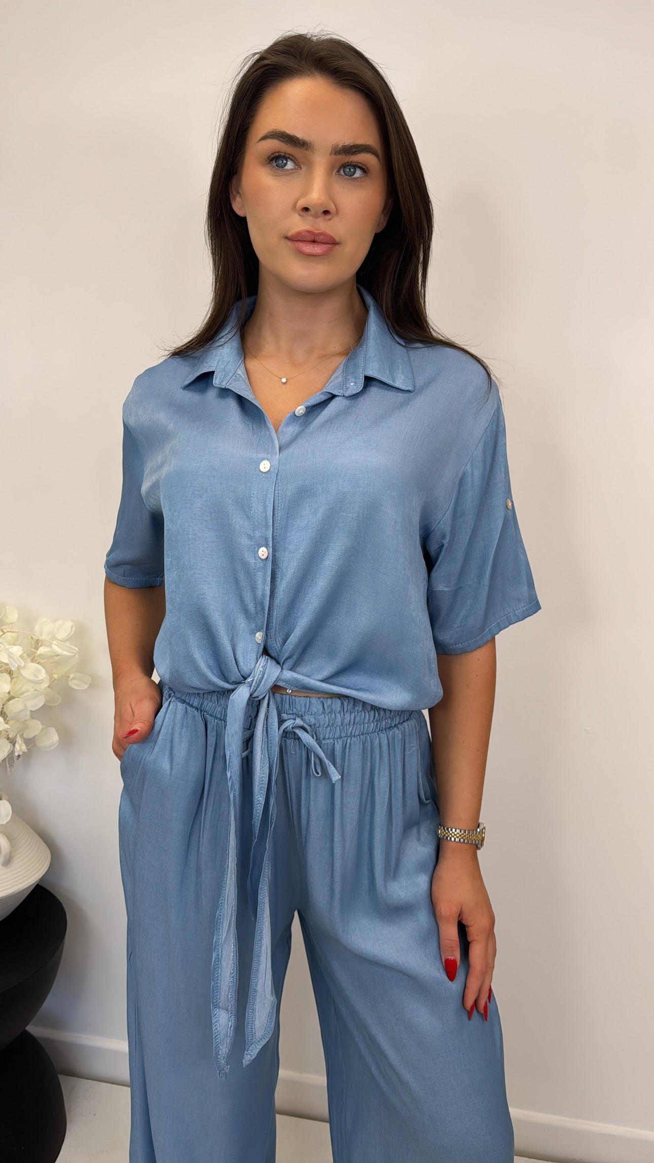 RHEA light blue denim effect shirt and trouser co-ord