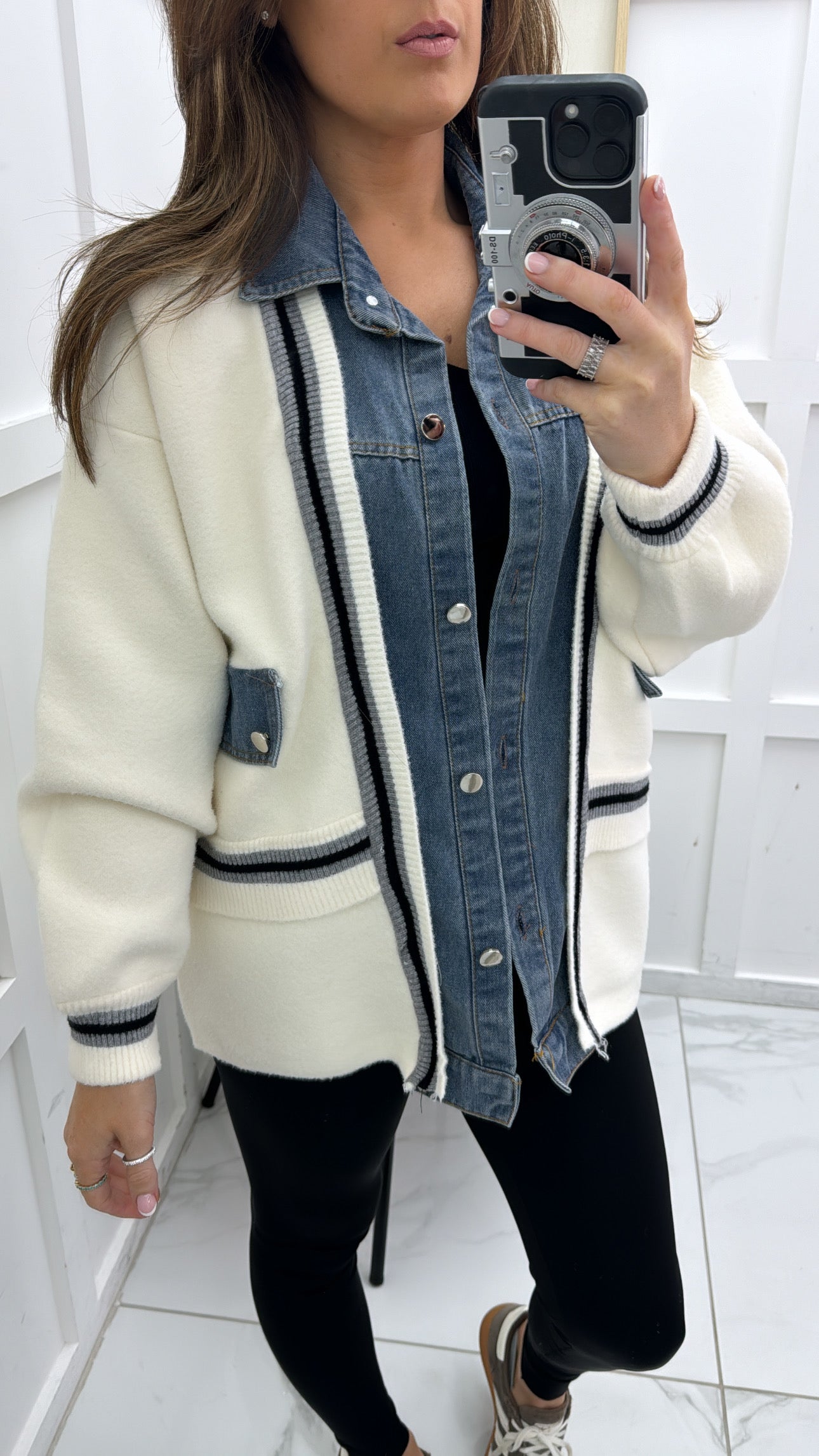 TAYA cream soft knit denim detail cardigan