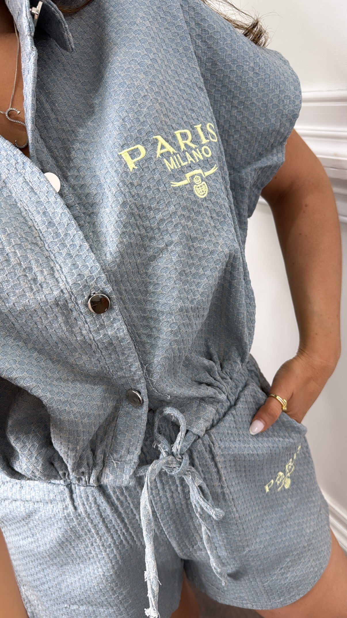 PARIS MILANO washed denim textured shorts co-ord