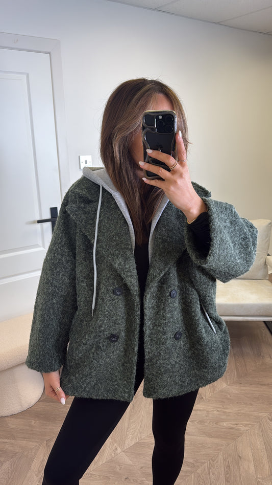 BREA khaki short duster jacket with integral hoody