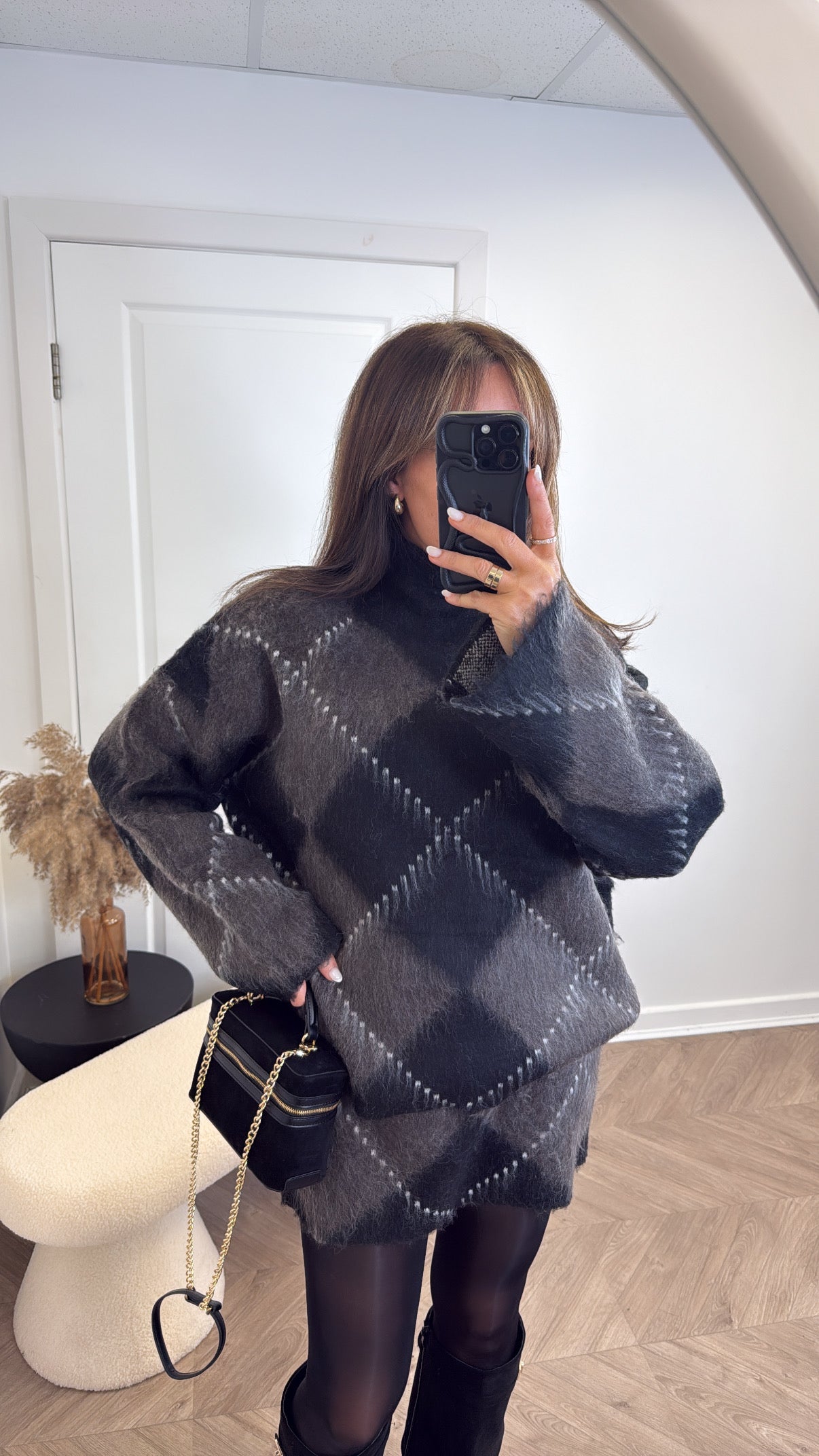 ELSIE black and grey argyle check soft knit jumper