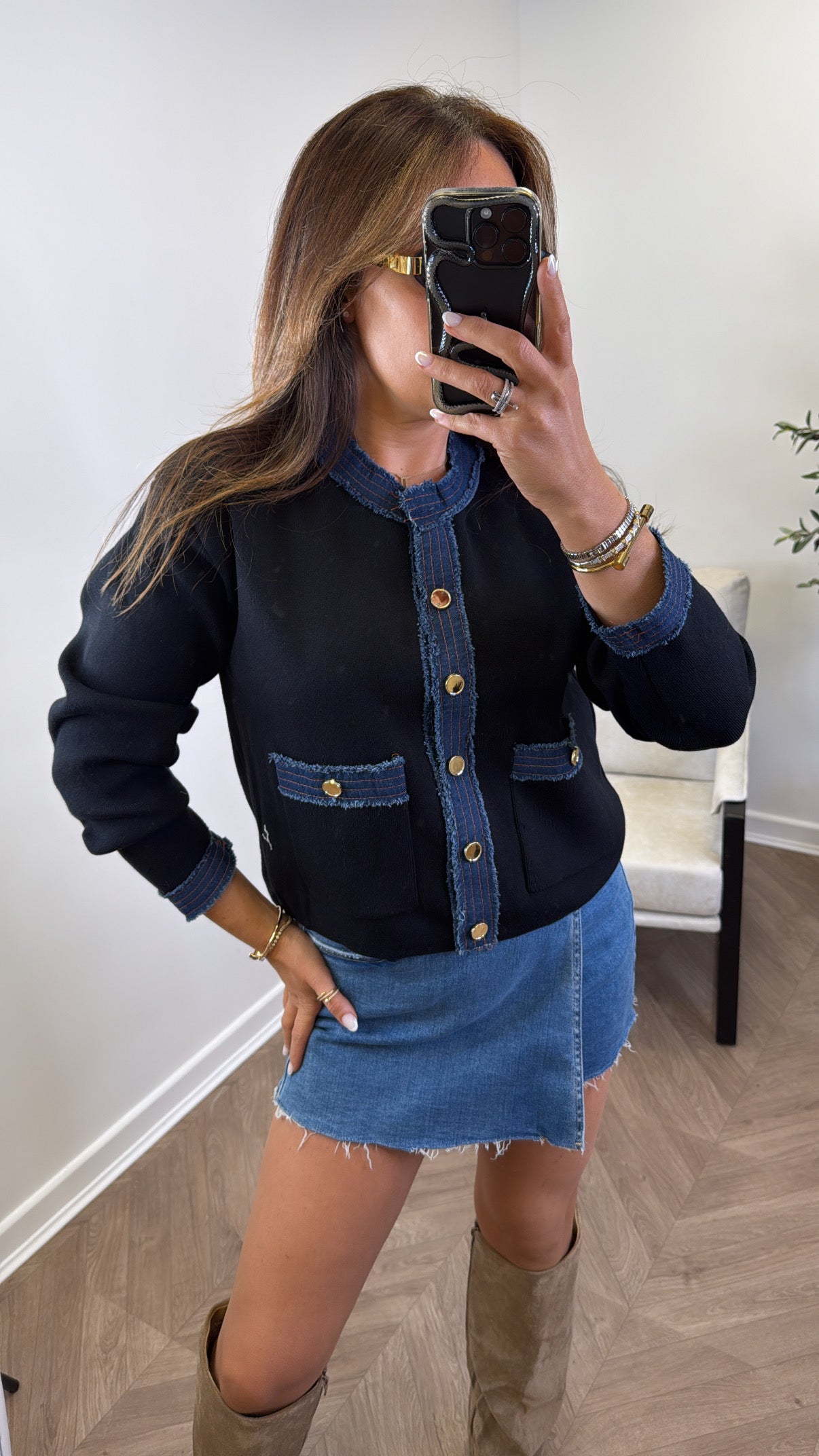 CARRIE black cardigan with denim contrast