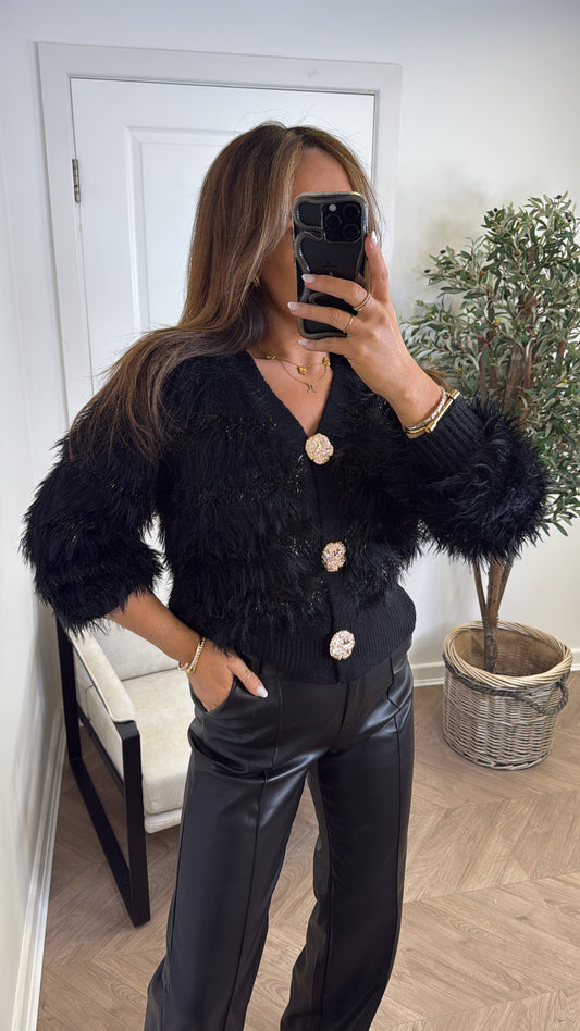 ERICA black fluffy cardigan with gold buttons