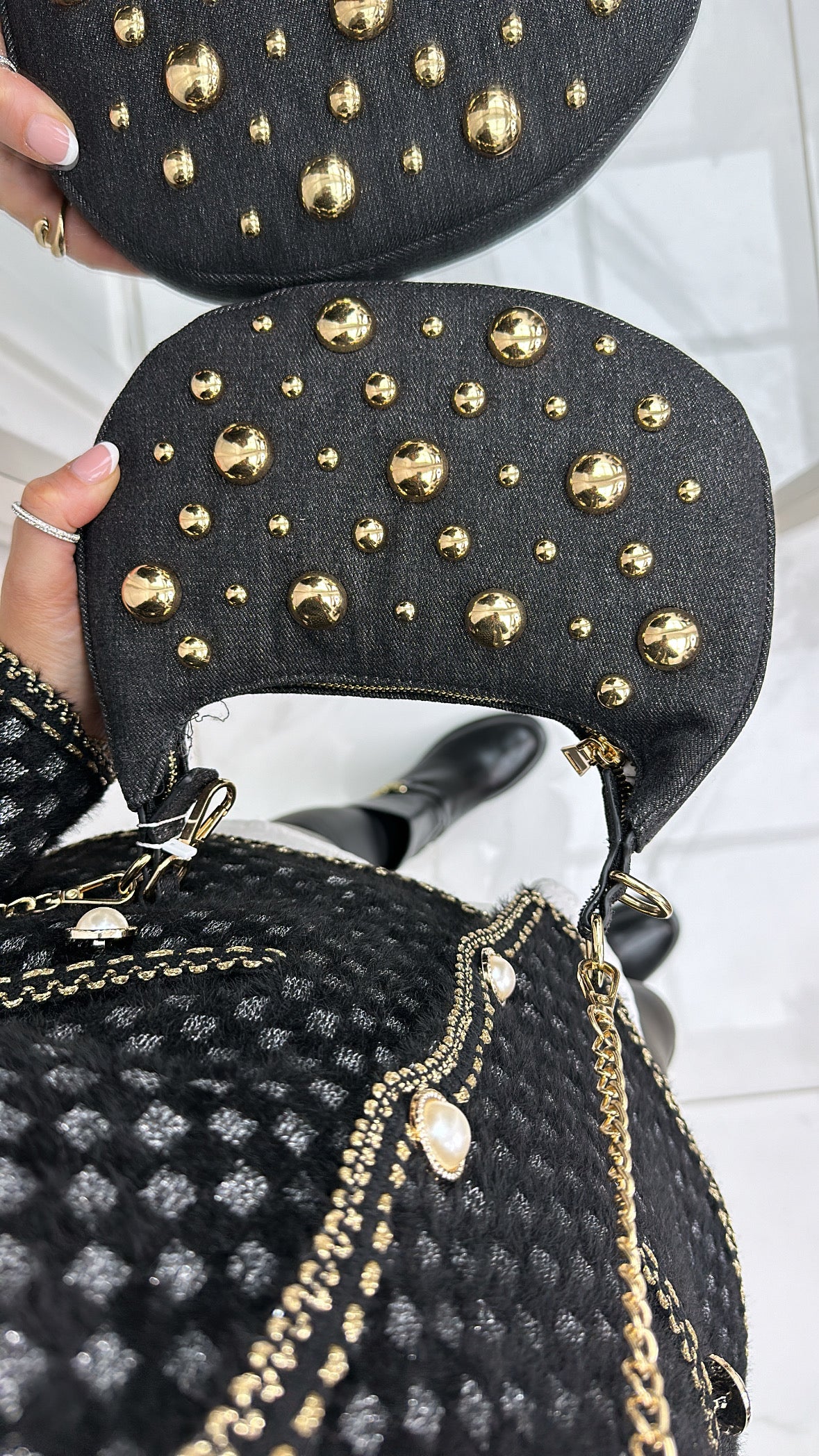 LOLA black shoulder bag with gold stud detail