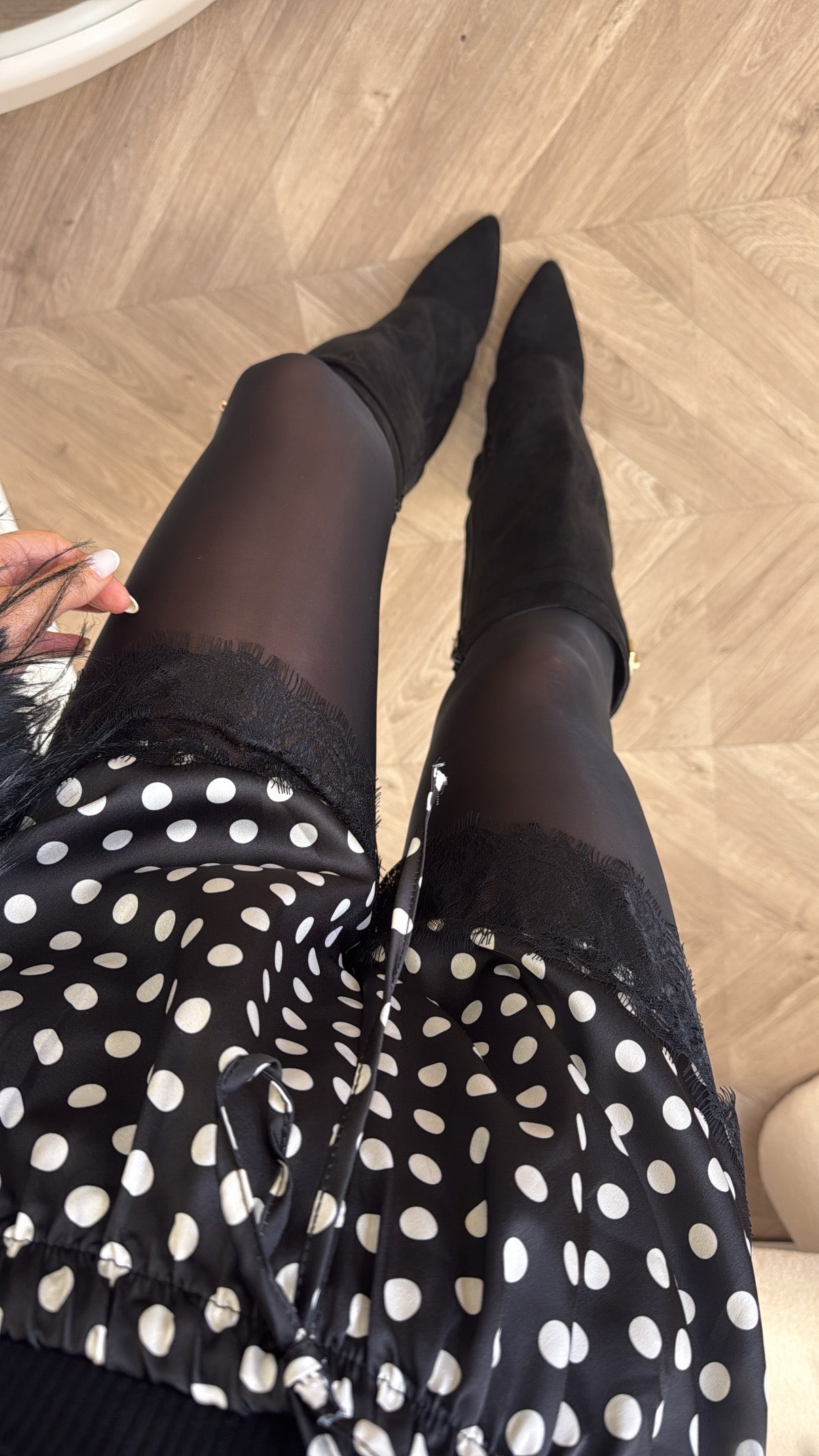 JENNA black polka dot print satin lace trim shorts