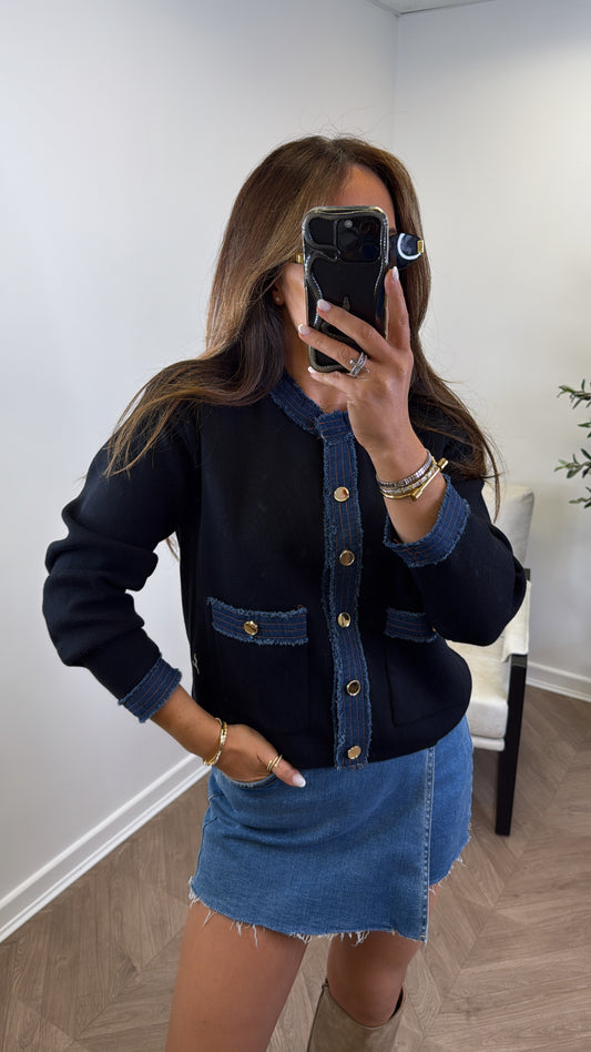 CARRIE black cardigan with denim contrast
