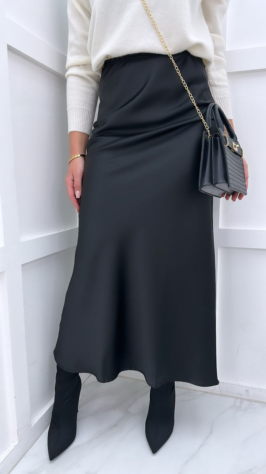 KATE black silky midi skirt