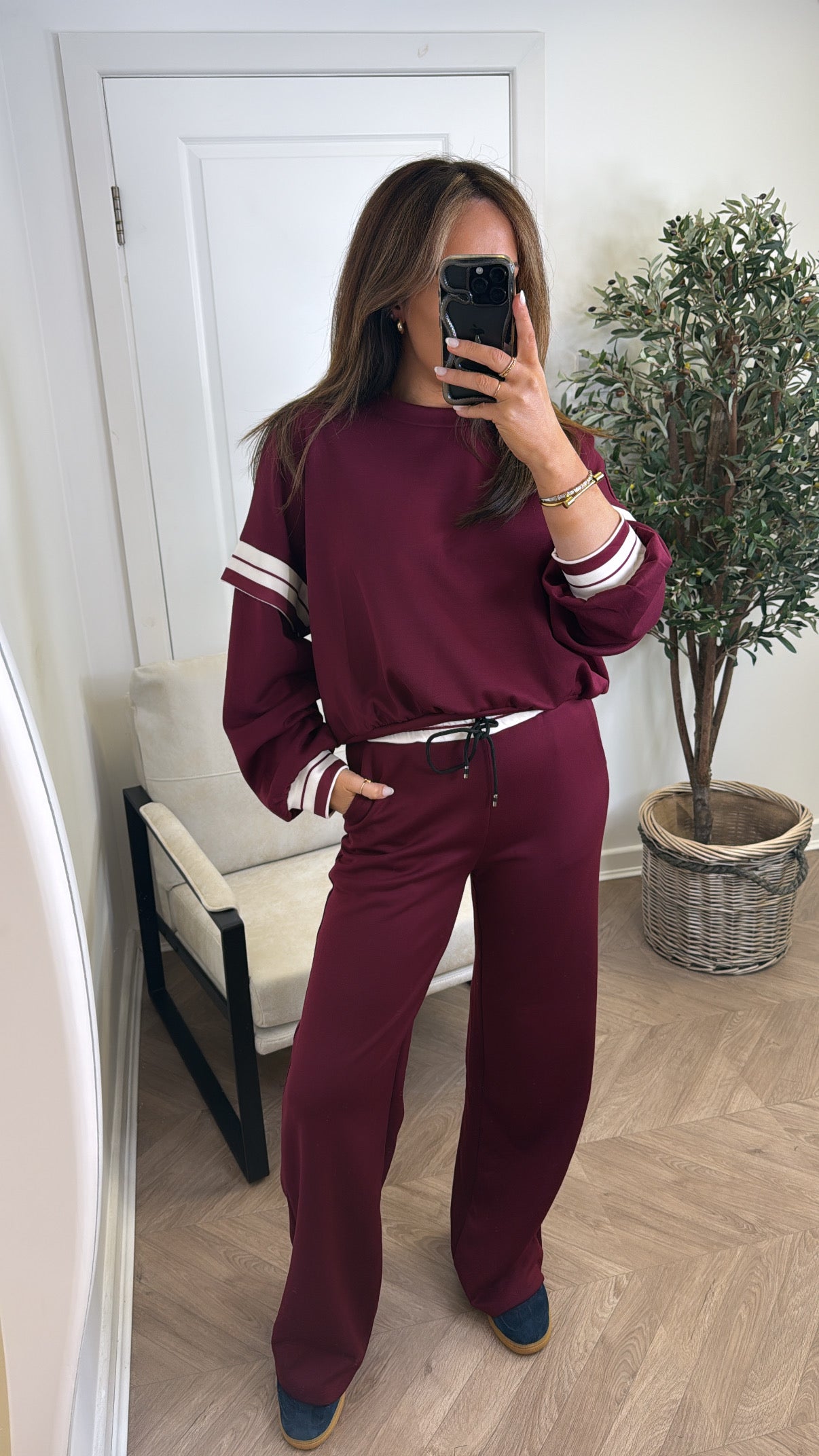GINA cherry red contrast stripe top and wide leg joggers tracksuit