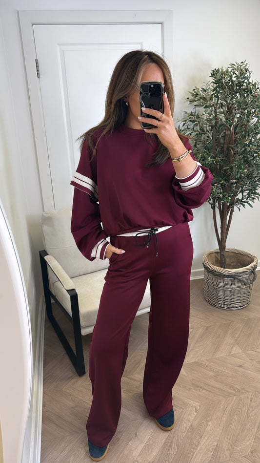 GINA cherry red contrast stripe top and wide leg joggers tracksuit