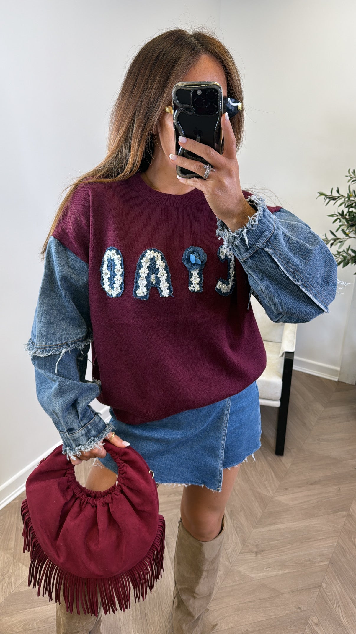 CIAO burgundy denim contrast logo jumper
