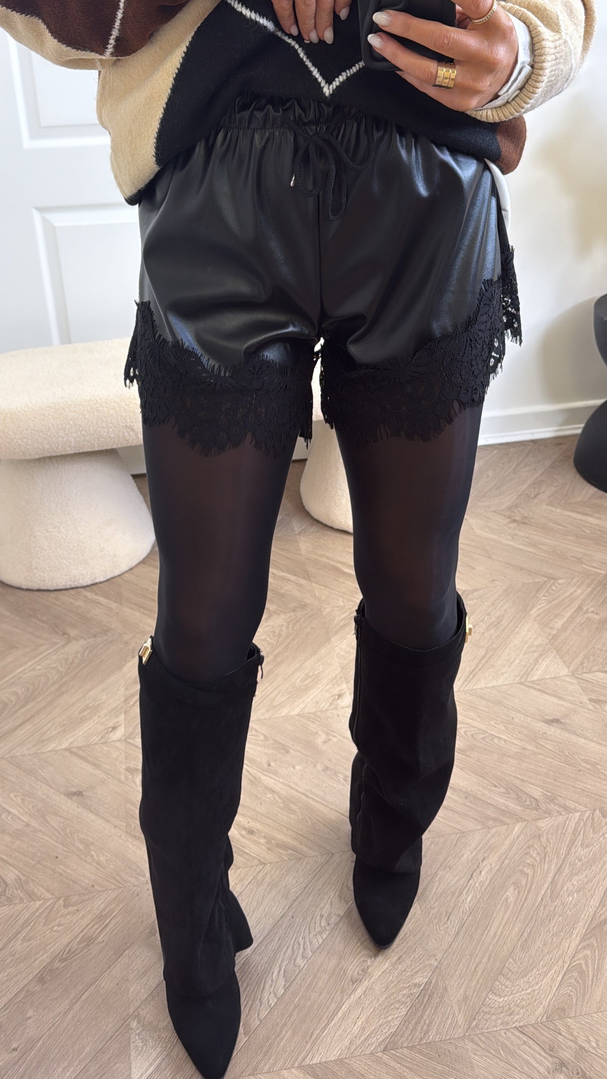 KIMMY black pu lace trim shorts