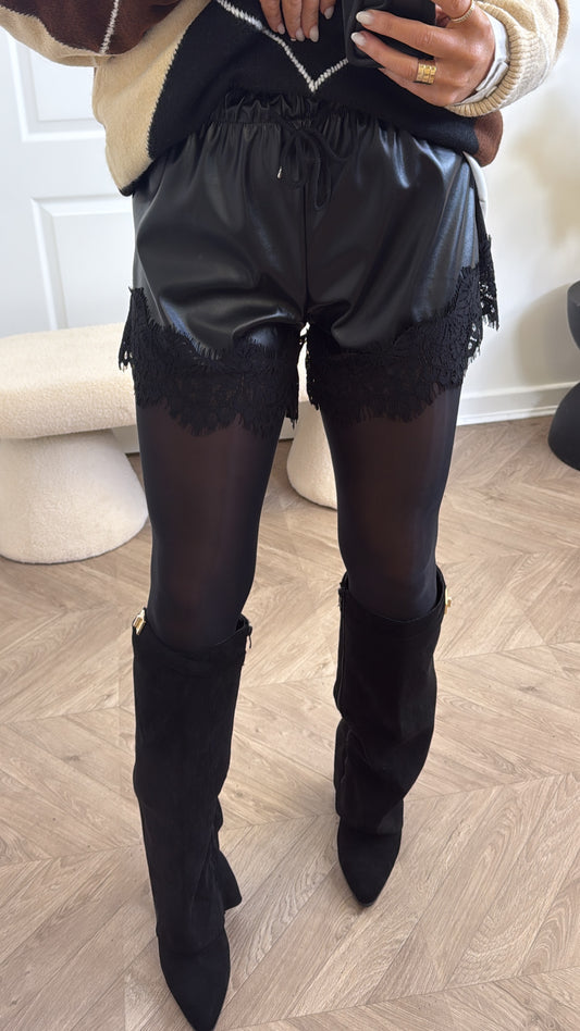 KIMMY black pu lace trim shorts