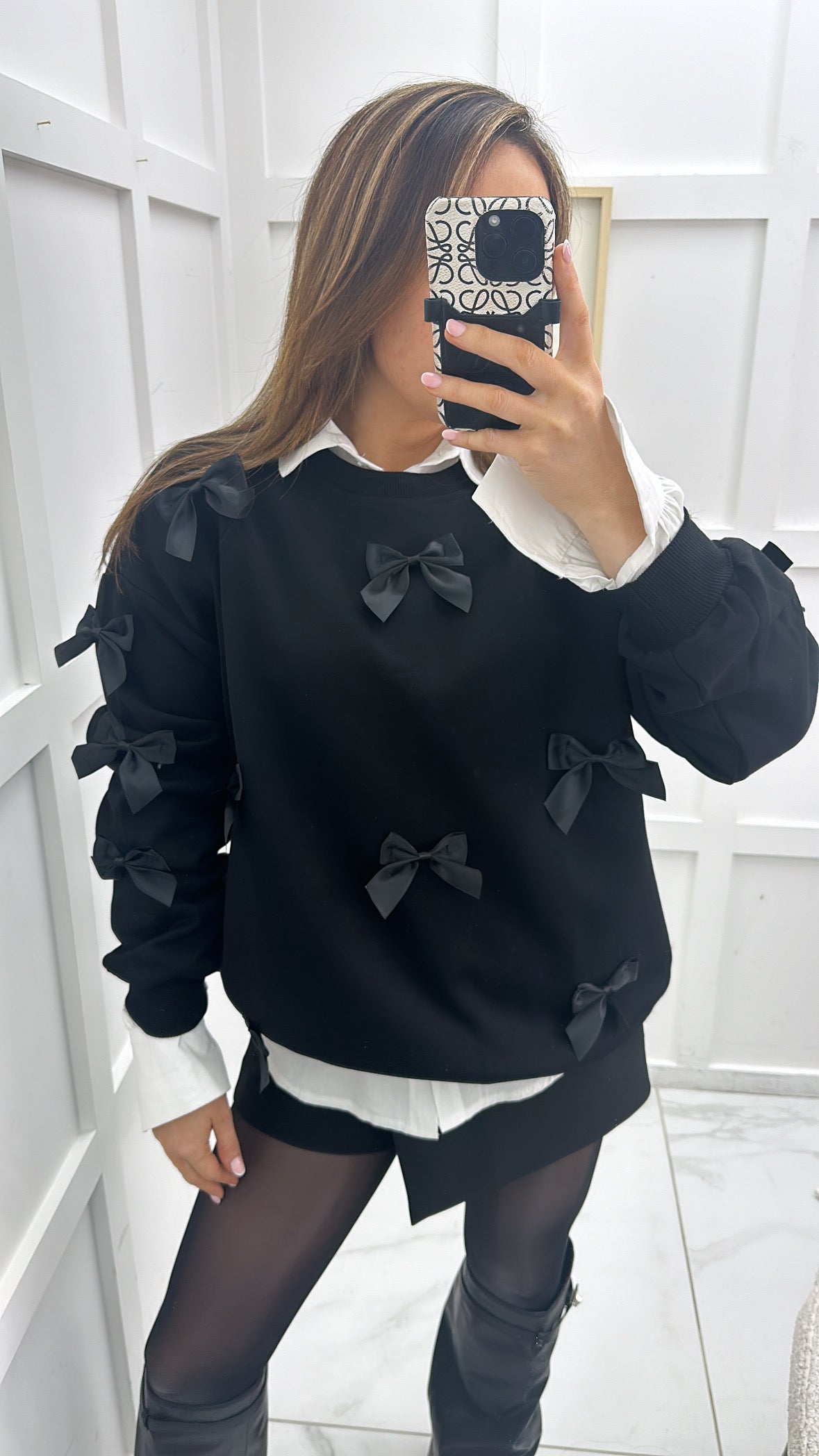 BELLA black jumper with black ribbon bows