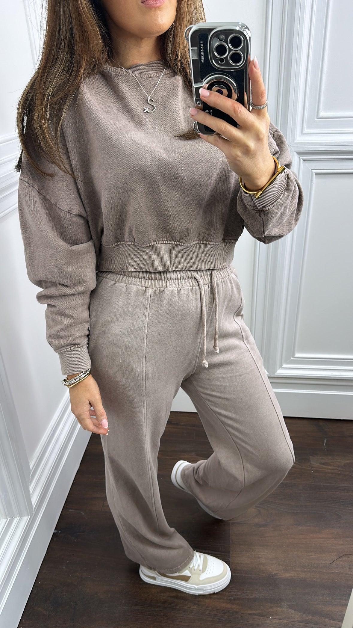 NANCY washed mauve grey cropped jumper & joggers tracksuit