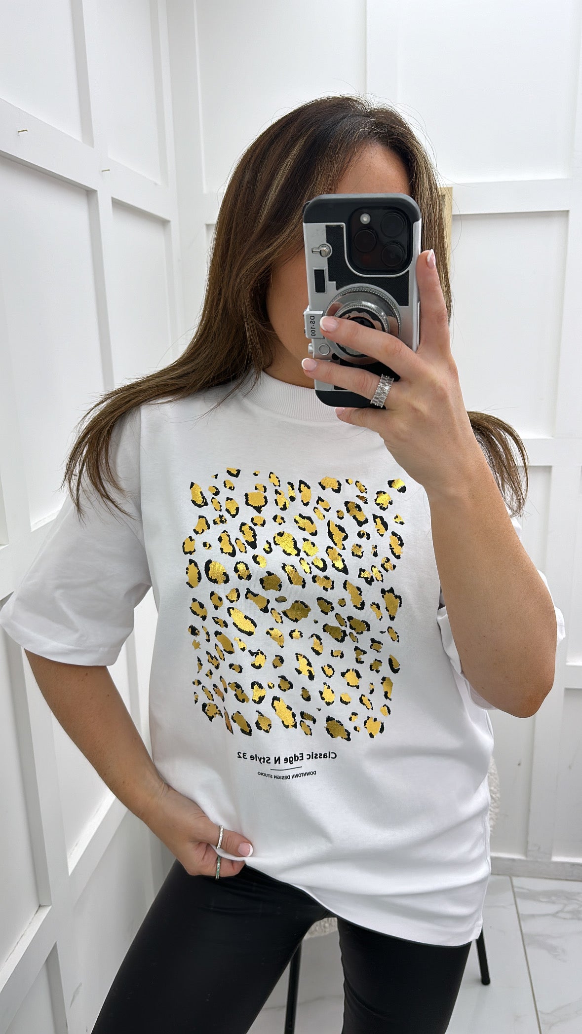 ALEXA white t-shirt with gold leopard print foil graphic