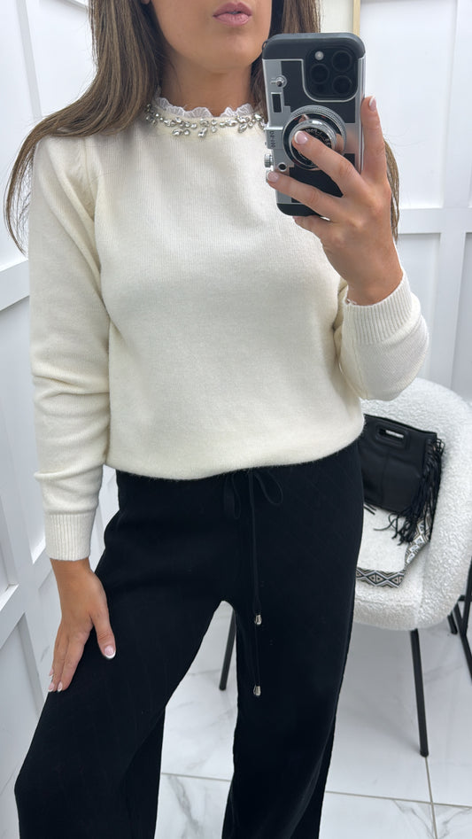 AMAYA cream soft knit jumper with jewel embellishment