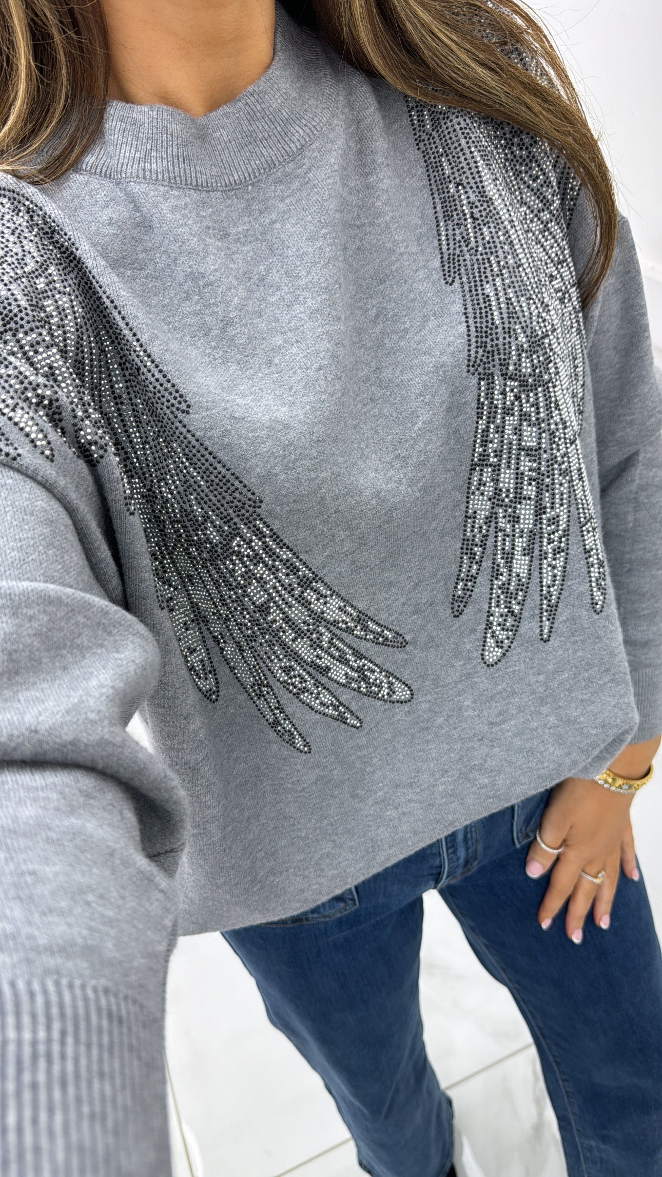 SHARNA grey embellished angel wing jumper