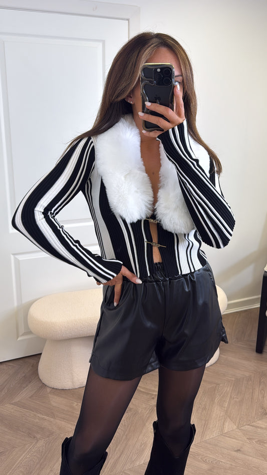 BETSY white faux fur ribbed cardigan