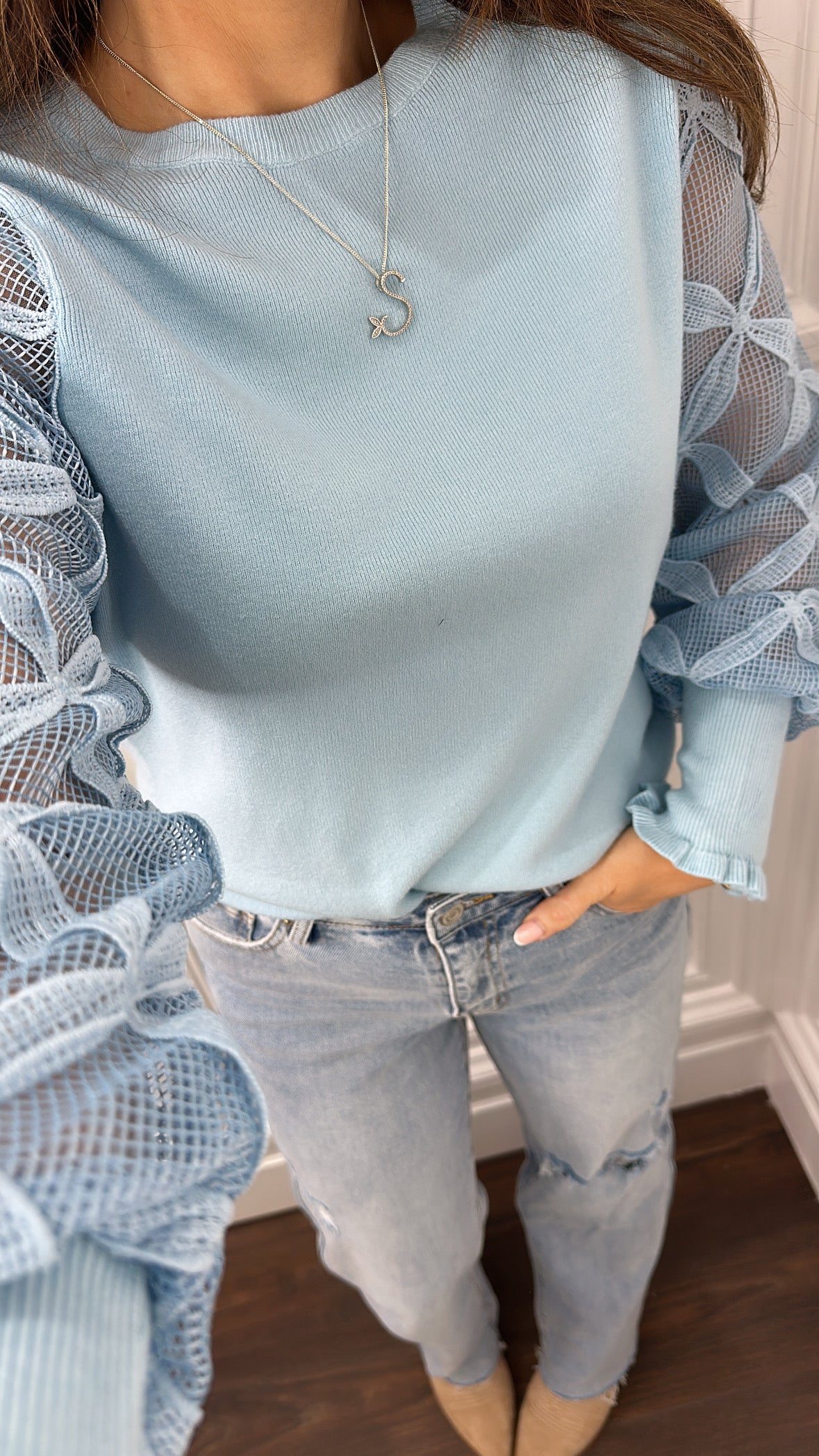 GEMMA blue super soft jumper with sheer sleeves