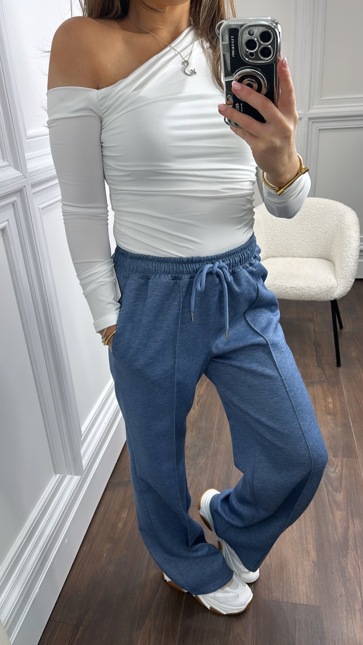 KYLIE denim blue super soft jogger with exposed seam detail