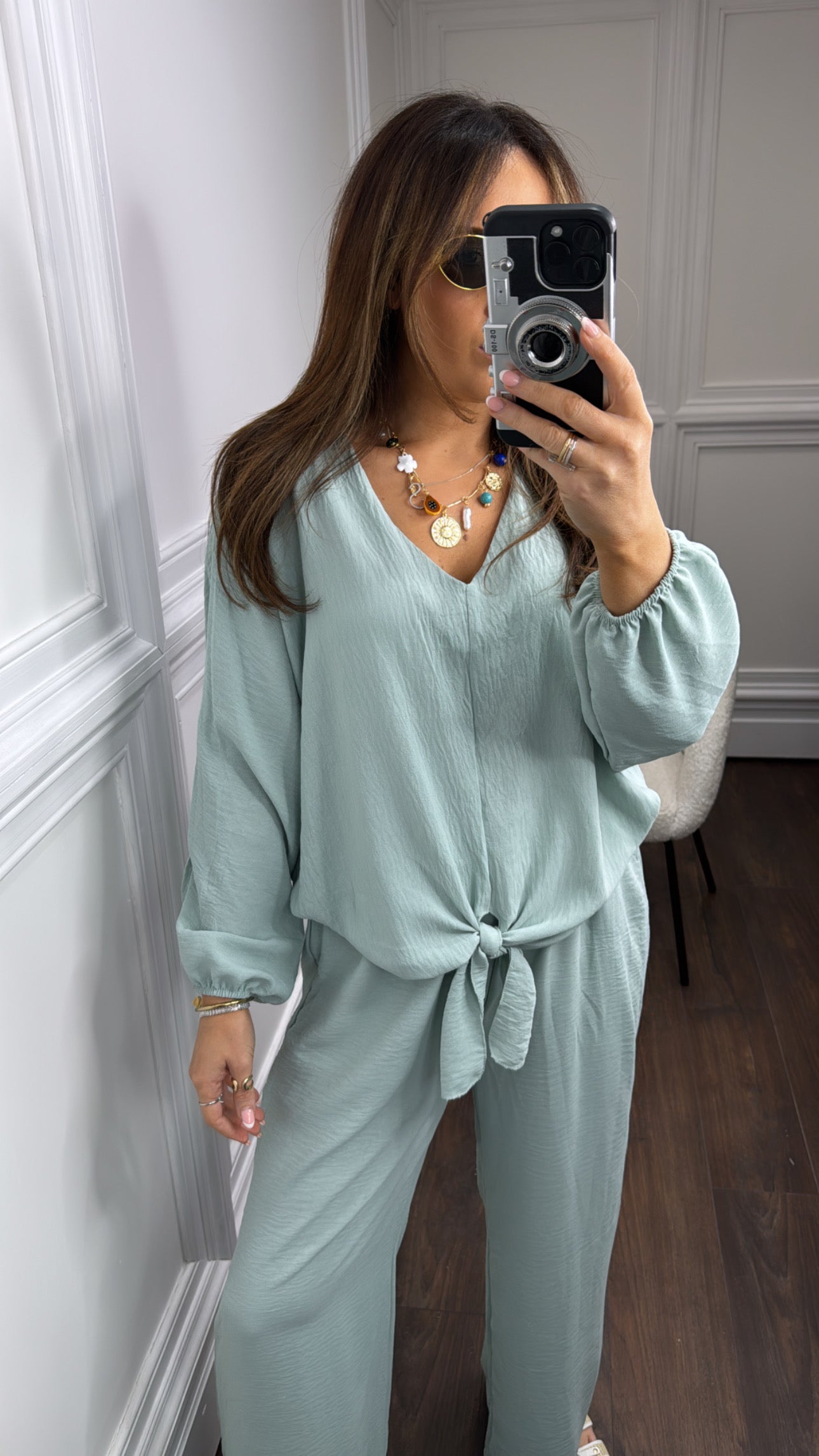 JENNIFER spearmint chiffon tie top and trousers co-ord set