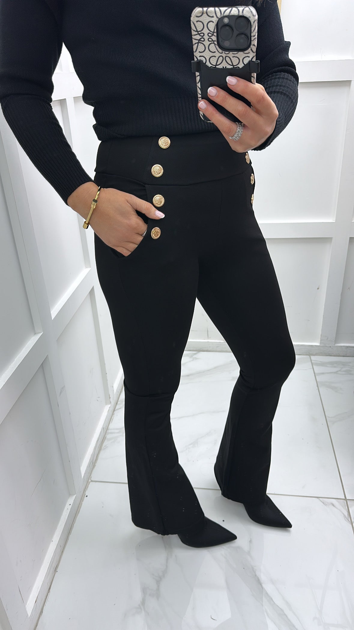 SHANNON black gold button flared pants