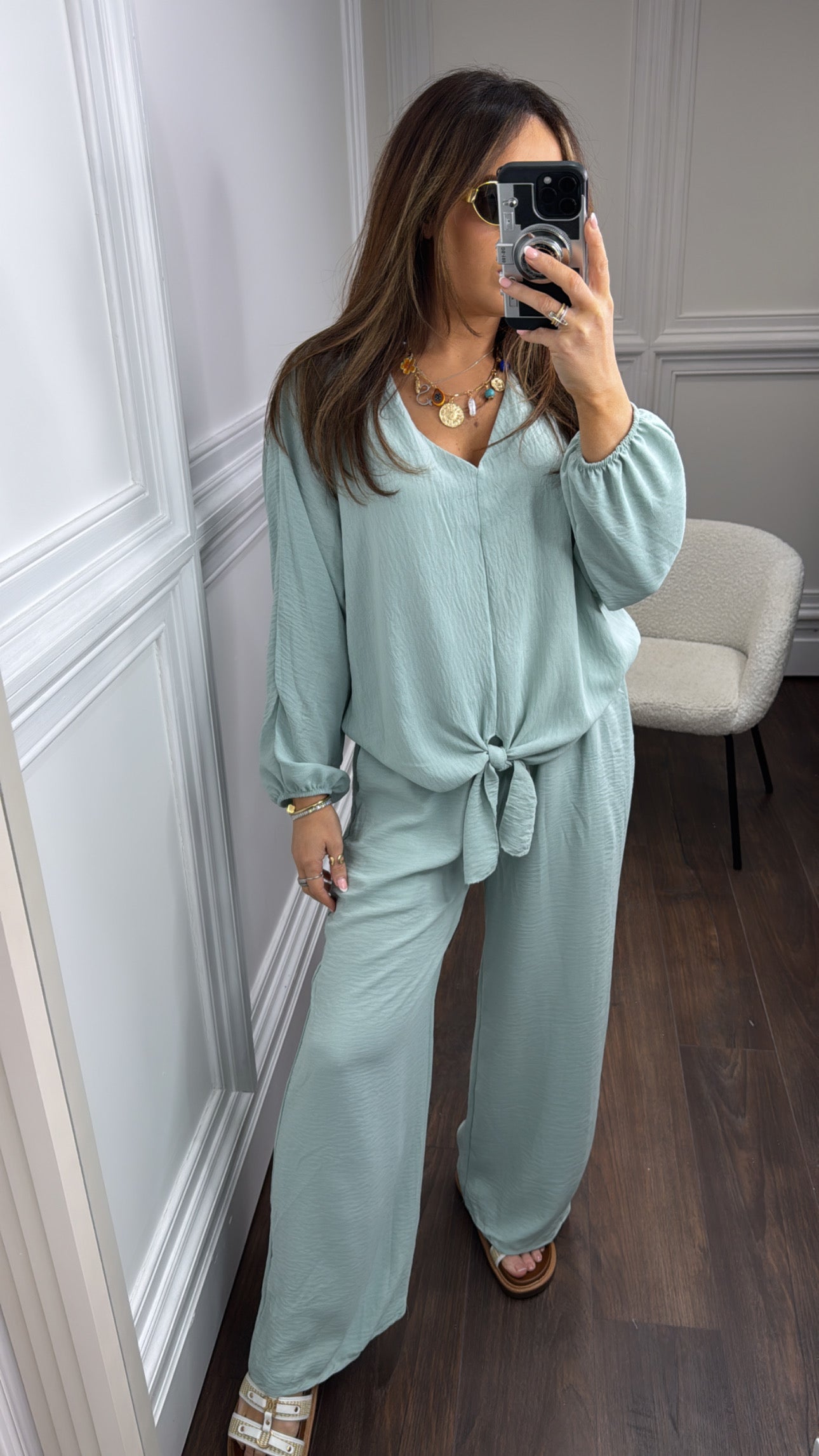 JENNIFER spearmint chiffon tie top and trousers co-ord set