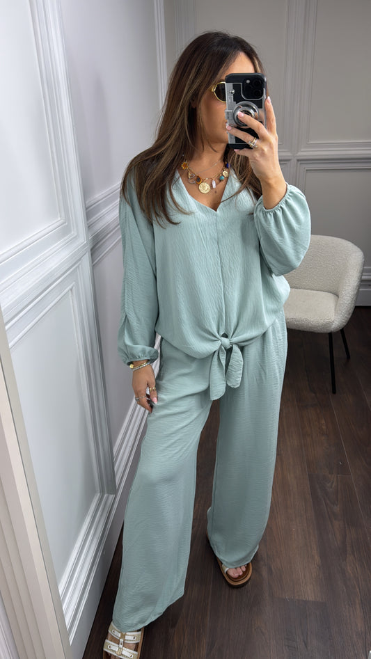 JENNIFER spearmint chiffon tie top and trousers co-ord set