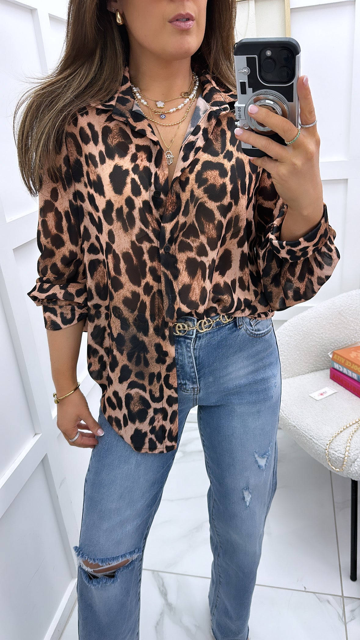 LEO leopard print sheer button blouse