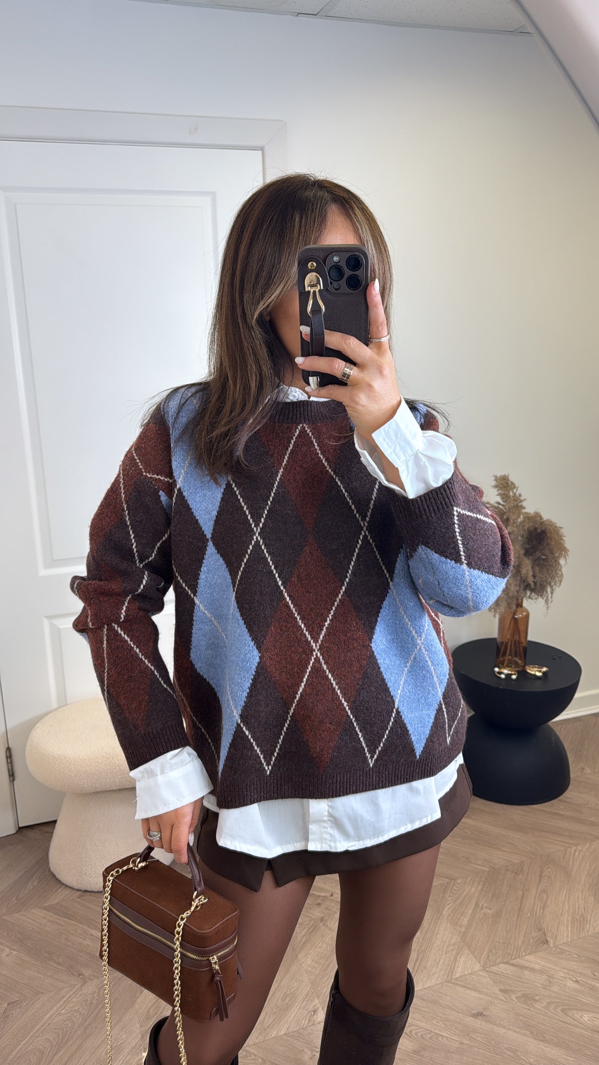 REECE brown and blue argyle check jumper