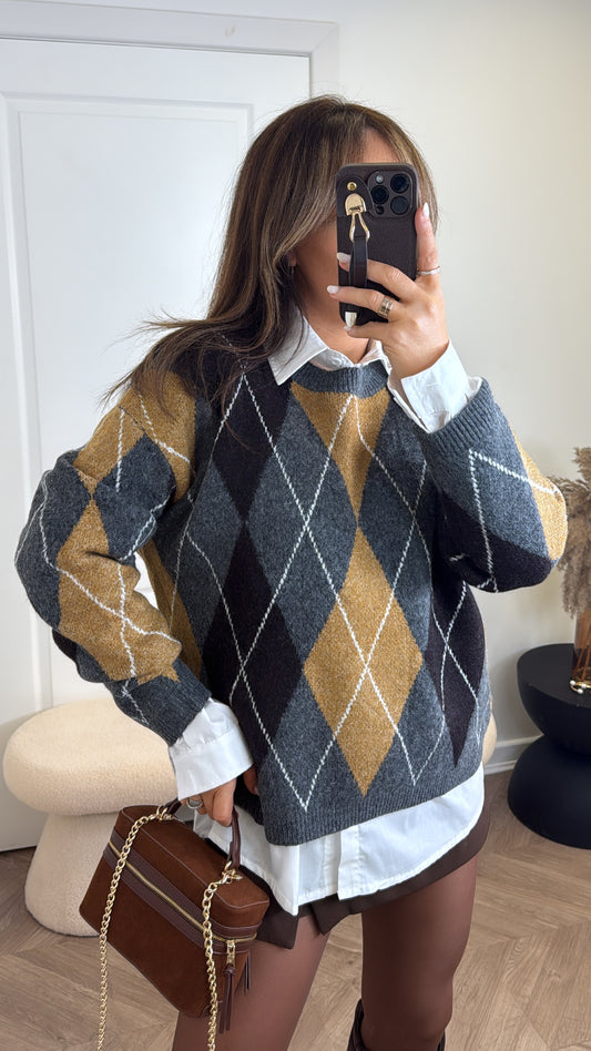 REECE grey argyle check jumper